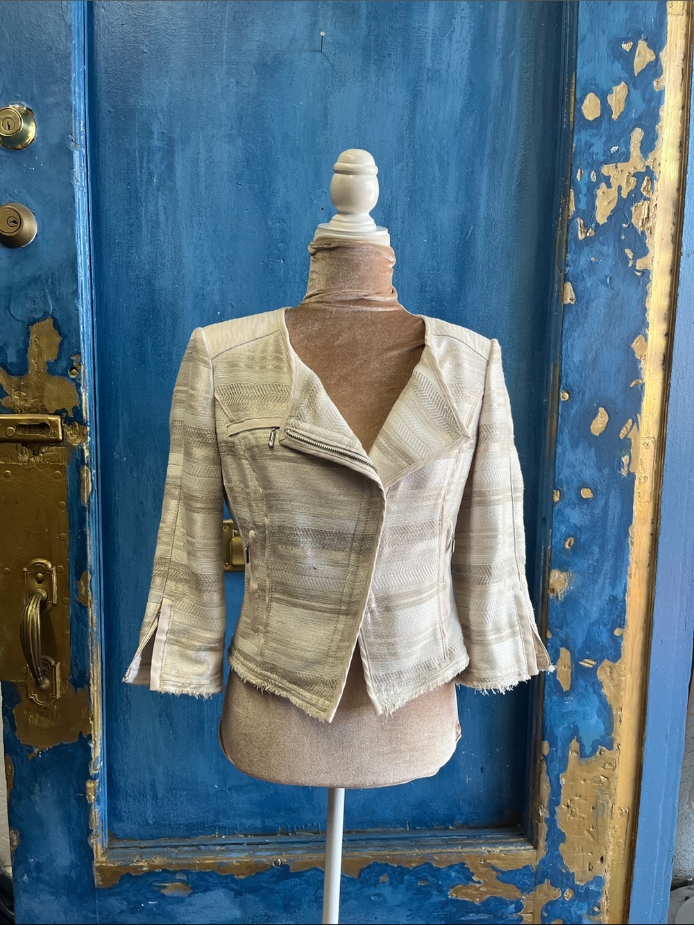 Cream Textured Frayed-Hem Blazer